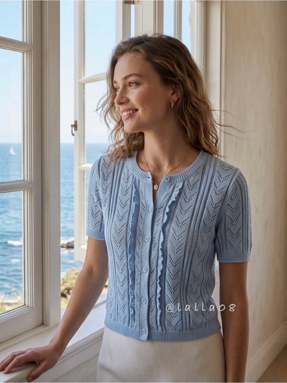 Caroline Constas Pale Blue Short-Sleeve Knit Cardigan